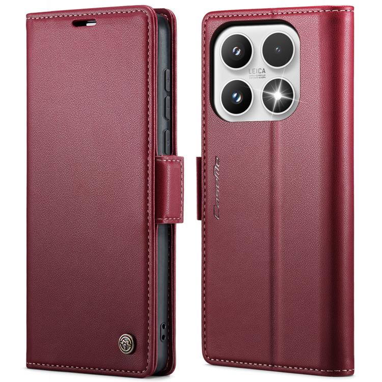 Red textured leather flip phone case with buckle strap and camera cutout