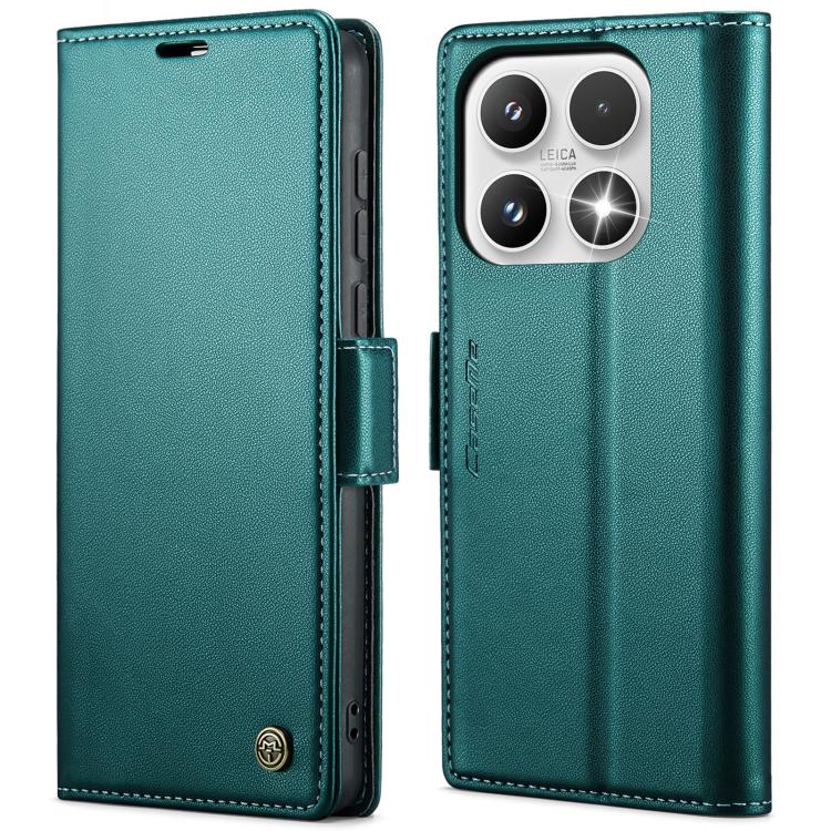 Teal textured leather flip phone case with buckle strap and camera cutout