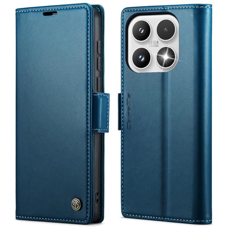 Blue textured leather flip phone case with buckle strap and camera cutout