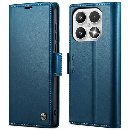 Blue textured leather flip phone case with buckle strap and camera cutout