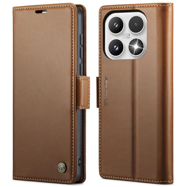 Brown leather flip phone case with textured finish and magnetic strap buckle
