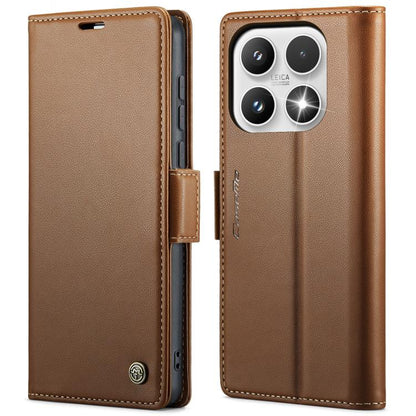 Brown leather flip phone case with textured finish and magnetic strap buckle