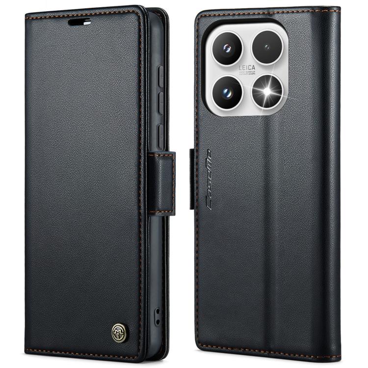 Black leather flip phone case with textured finish and magnetic strap buckle