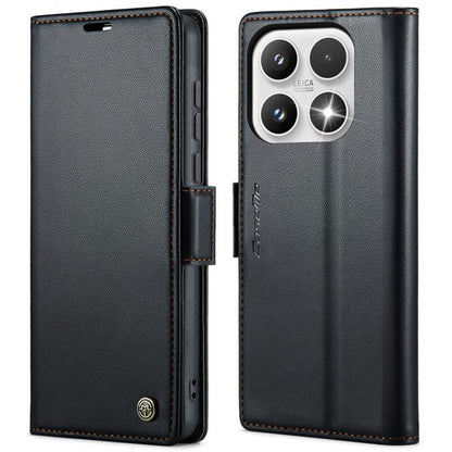 Black leather flip phone case with textured finish and magnetic strap buckle