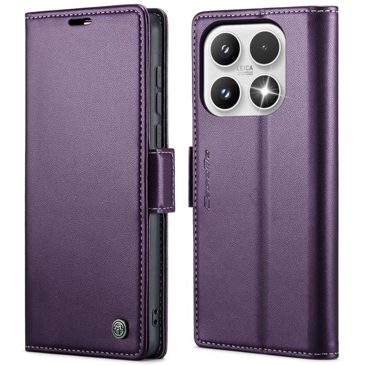 Purple leather flip phone case with textured finish and magnetic strap buckle