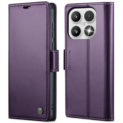 Purple leather flip phone case with textured finish and magnetic strap buckle