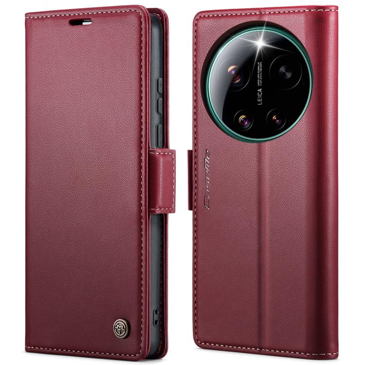 Leather phone case with litchi texture, foldover cover and buckle closure, red