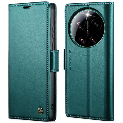 Teal leather phone case with butterfly buckle and camera cutout, front flap open