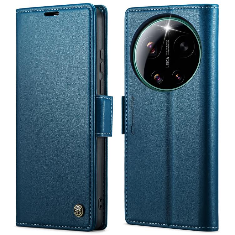 Blue leather phone case with butterfly buckle and camera cutout, front flap open
