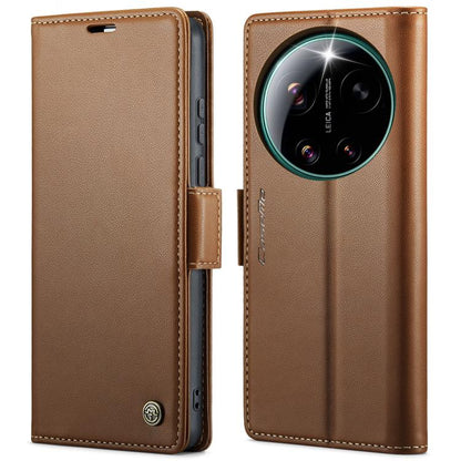Brown leather phone case with butterfly buckle and camera cutout, front flap open