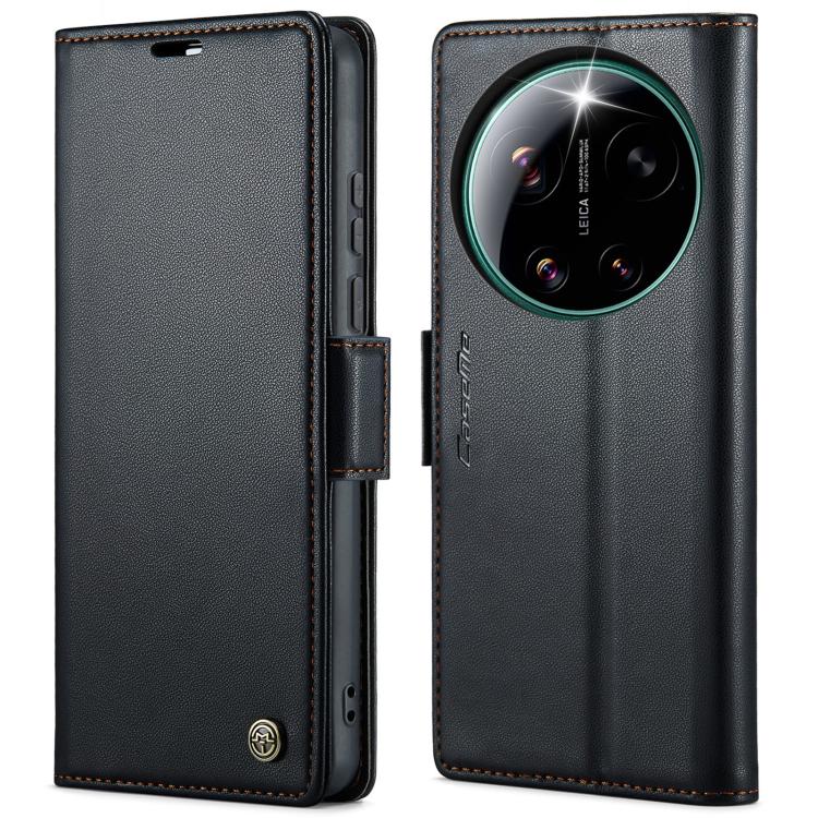Black leather phone case with butterfly buckle and camera cutout, front flap open