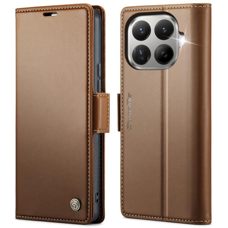 CaseMe litchi-texture leather wallet phone case with flip cover and buckle, brown, quad-camera cutout