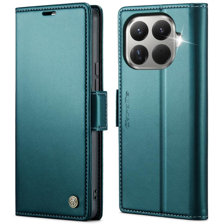 Teal leather wallet phone case with magnetic buckle and card slots, quad camera cutout
