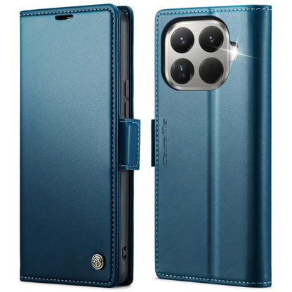 Blue leather wallet phone case with magnetic buckle and card slots, quad camera cutout