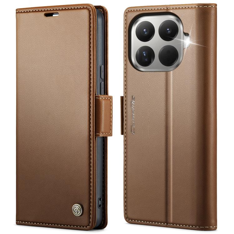 Tan leather wallet phone case with magnetic buckle and card slots, quad camera cutout
