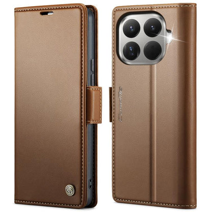 Tan leather wallet phone case with magnetic buckle and card slots, quad camera cutout