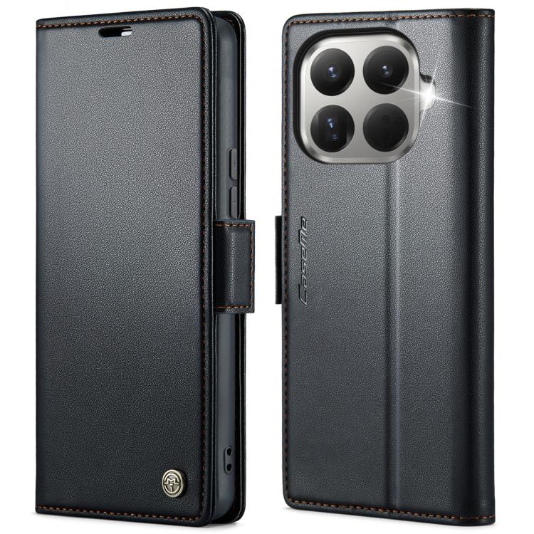 Black leather wallet phone case with magnetic buckle and card slots, quad camera cutout