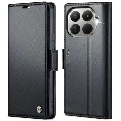 Black leather wallet phone case with magnetic buckle and card slots, quad camera cutout
