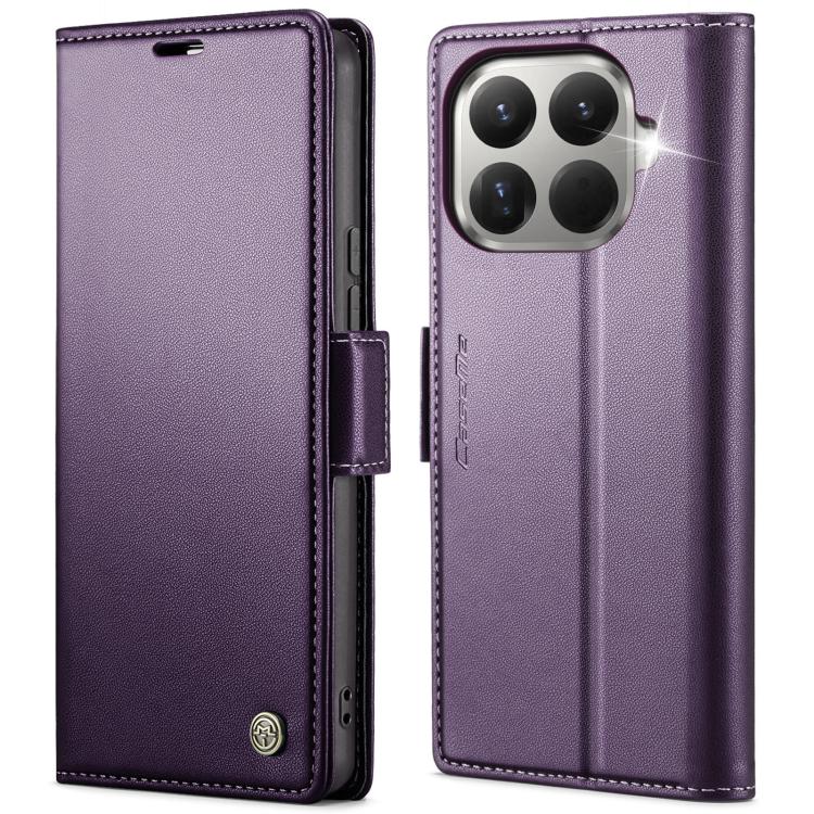 CaseMe litchi-texture leather wallet phone case with flip cover and buckle, purple, quad-camera cutout