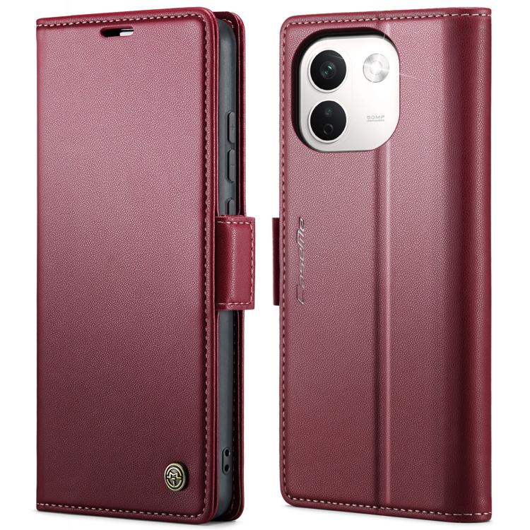 Maroon litchi-textured leather folio phone case with magnetic buckle and camera cutout