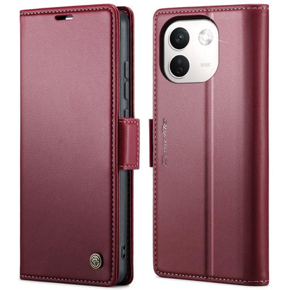 Maroon litchi-textured leather folio phone case with magnetic buckle and camera cutout