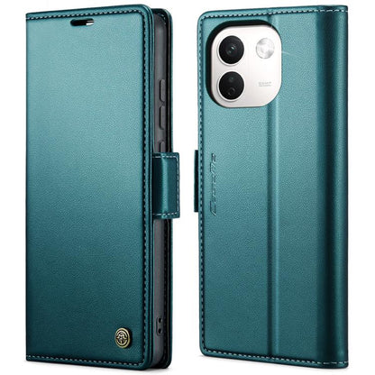 Teal litchi-textured leather folio phone case with magnetic buckle and camera cutout