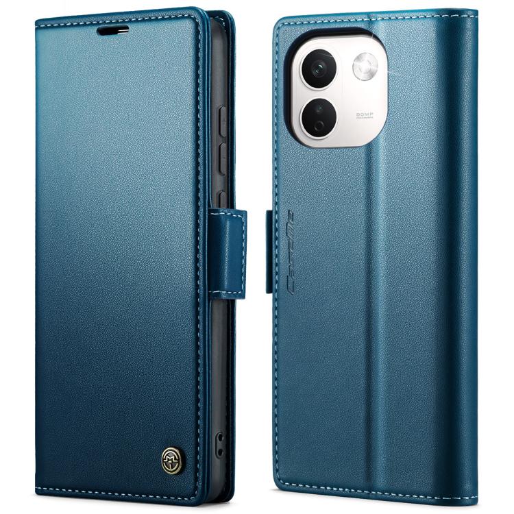 Blue litchi-textured leather folio phone case with magnetic buckle and camera cutout