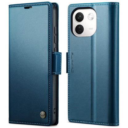 Blue litchi-textured leather folio phone case with magnetic buckle and camera cutout