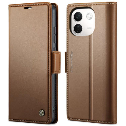Tan litchi-textured leather folio phone case with magnetic buckle and camera cutout
