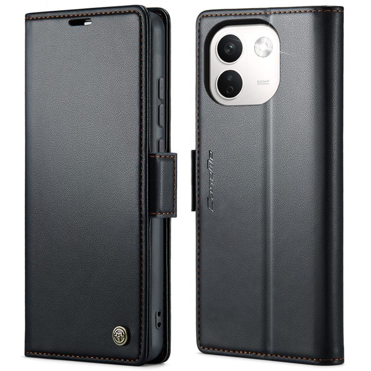 Black litchi-textured leather folio phone case with magnetic buckle and camera cutout