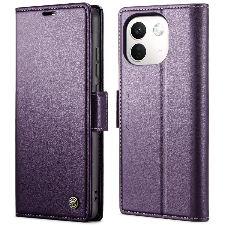 Purple litchi-textured leather folio phone case with magnetic buckle and camera cutout