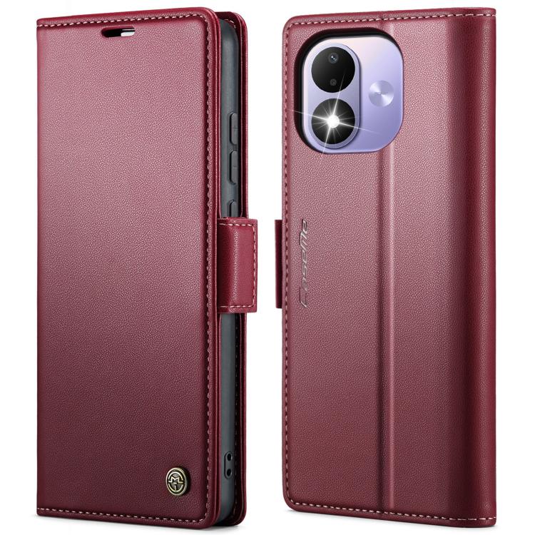 Red leather litchi texture flip phone case with buckle strap and camera cutout