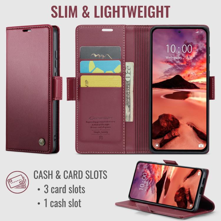 Red wallet-style flip phone case with card slots and magnetic closure