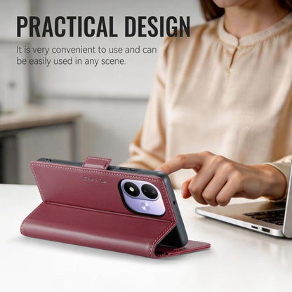Maroon leather flip phone case with folio cover and stitched edges