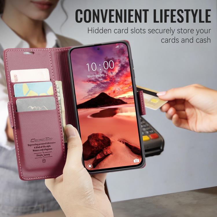 Maroon leather folio phone case with inner card slots and magnetic closure