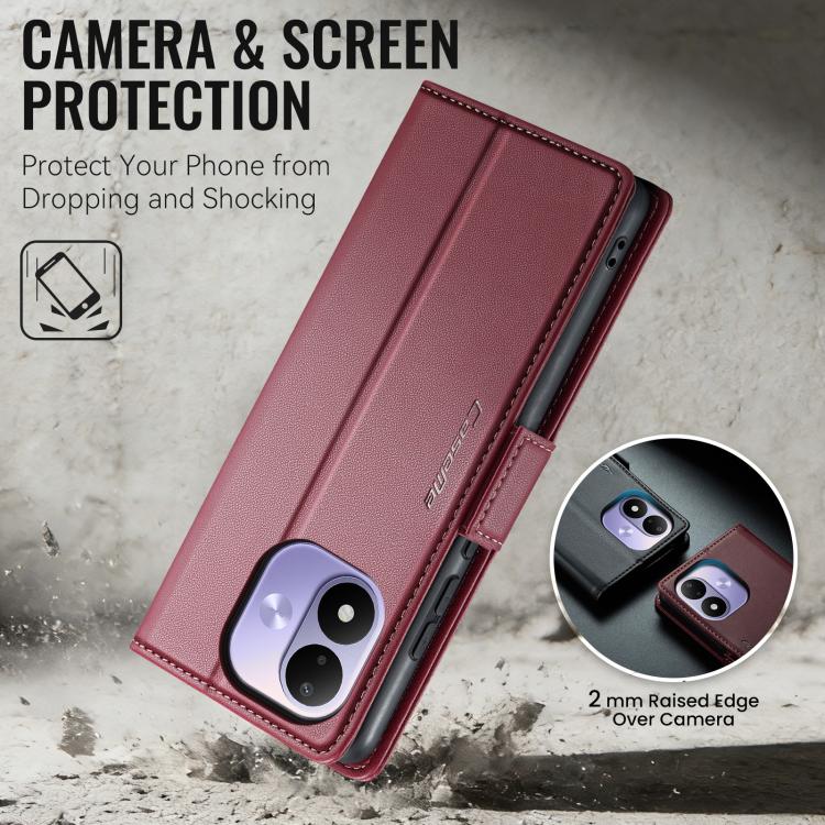 Maroon leather flip phone case with camera protection and folio strap