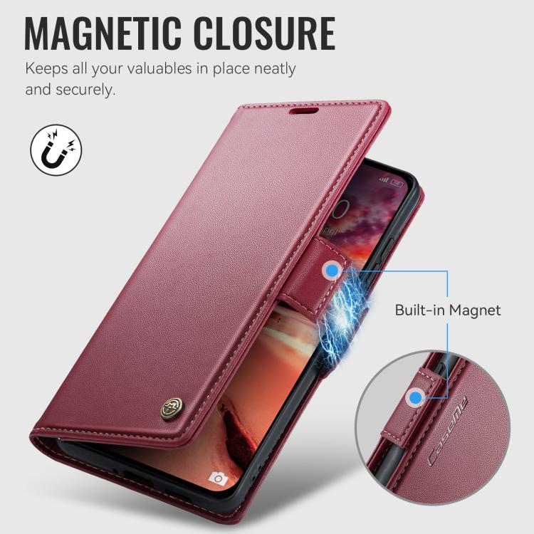 Maroon leather flip phone case with built-in magnet and side camera opening