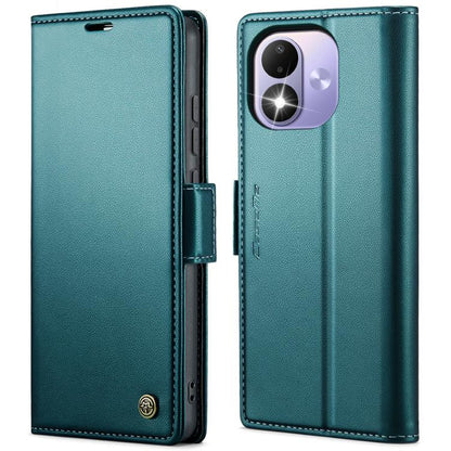 Teal leather litchi texture flip phone case with buckle strap and camera cutout