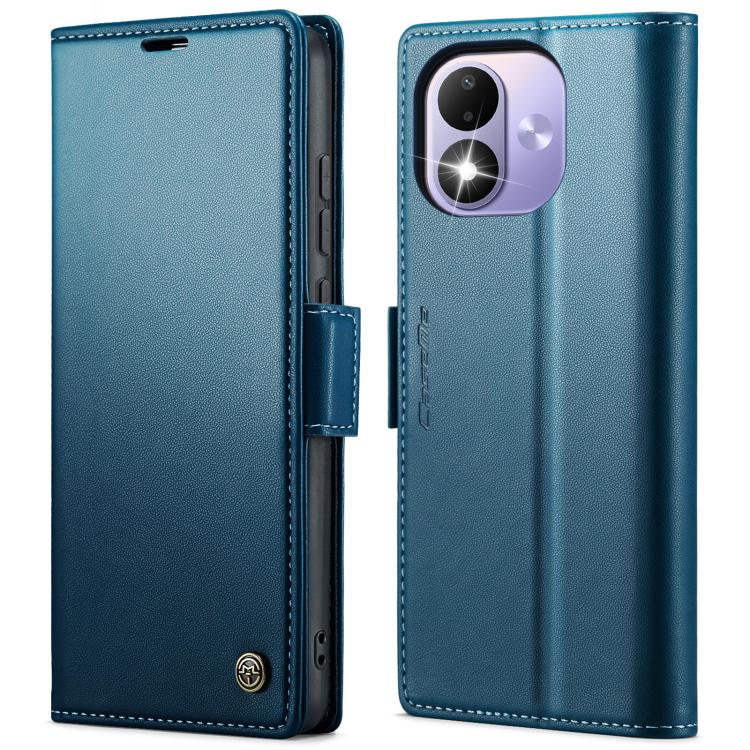 Teal leather folio flip phone case with stitched edges and camera opening