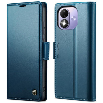 Teal leather folio flip phone case with stitched edges and camera opening