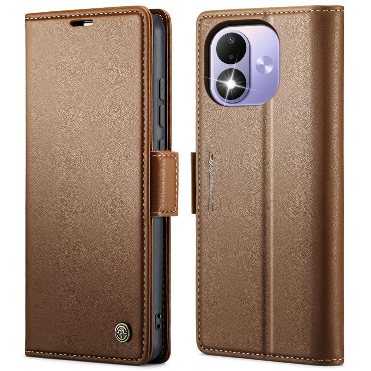 Brown litchi-textured leather folio phone case with magnetic buckle and camera cutout
