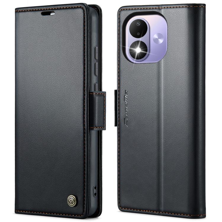 Black litchi-textured leather folio phone case with magnetic buckle and camera cutout