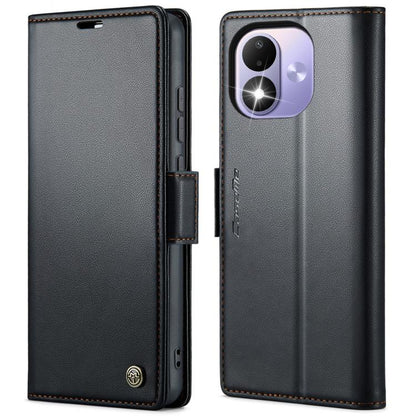 Black litchi-textured leather folio phone case with magnetic buckle and camera cutout