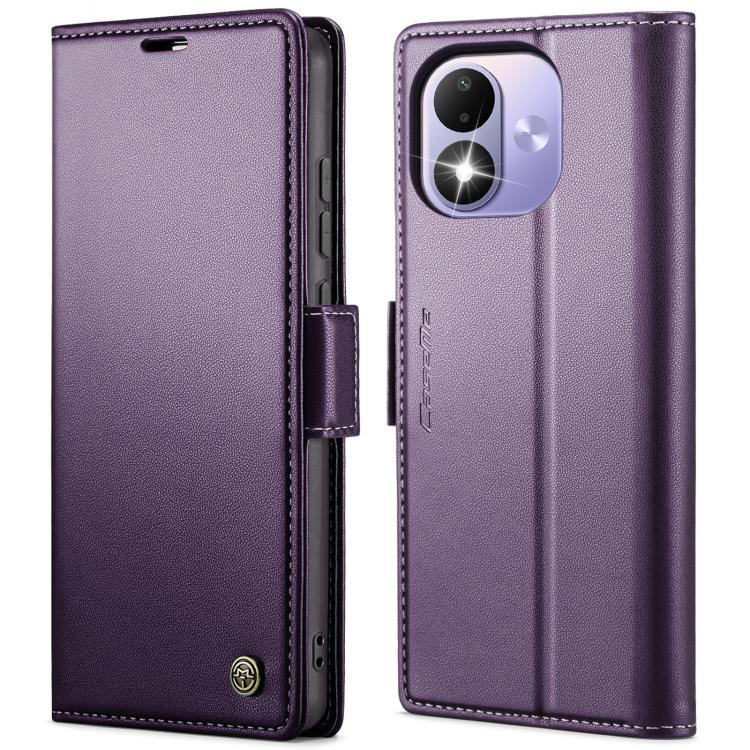 Purple litchi-textured leather folio phone case with magnetic buckle and camera cutout