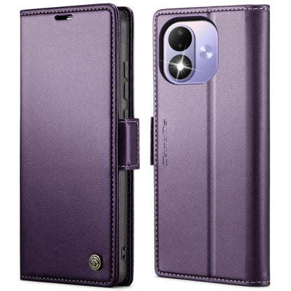 Purple litchi-textured leather folio phone case with magnetic buckle and camera cutout
