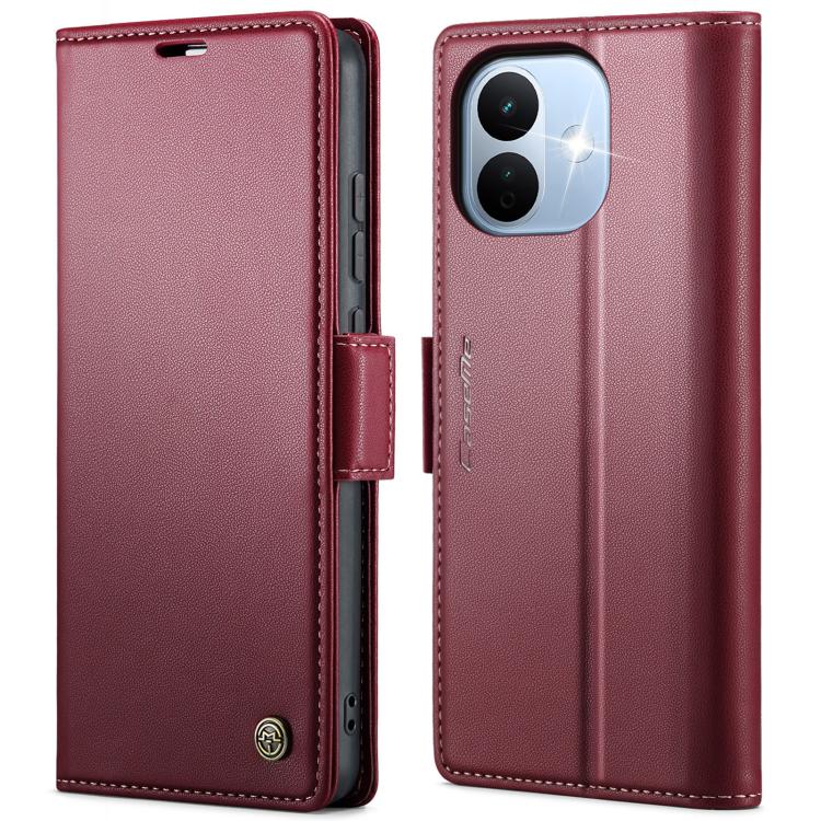Red litchi-textured leather folio phone case with magnetic buckle and camera cutout