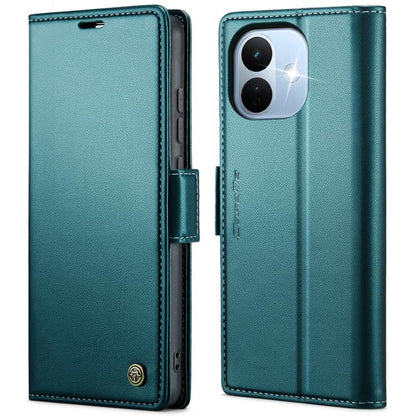 Teal leather wallet phone case with card slots and magnetic buckle, camera cutout