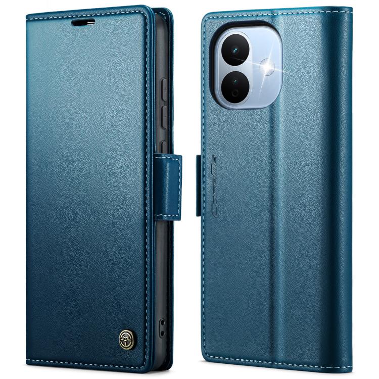 Blue leather wallet phone case with magnetic buckle, card slots, and camera cutout