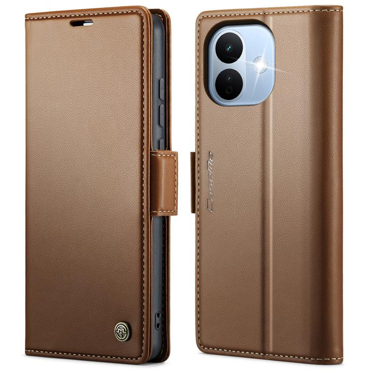 Tan leather wallet phone case with magnetic buckle, card slots, and camera cutout