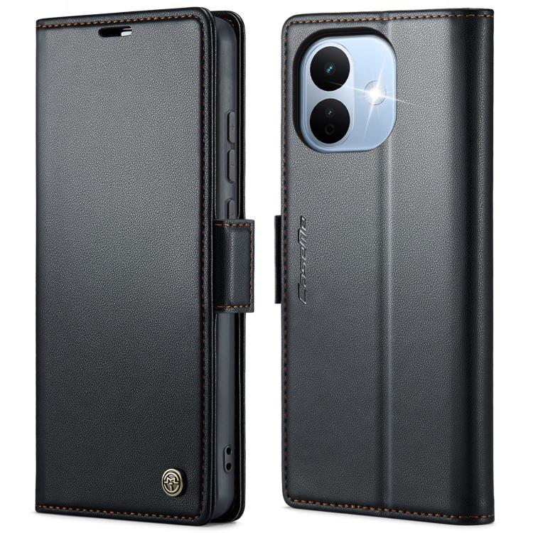 Black leather wallet phone case with magnetic buckle and card slots, camera cutout